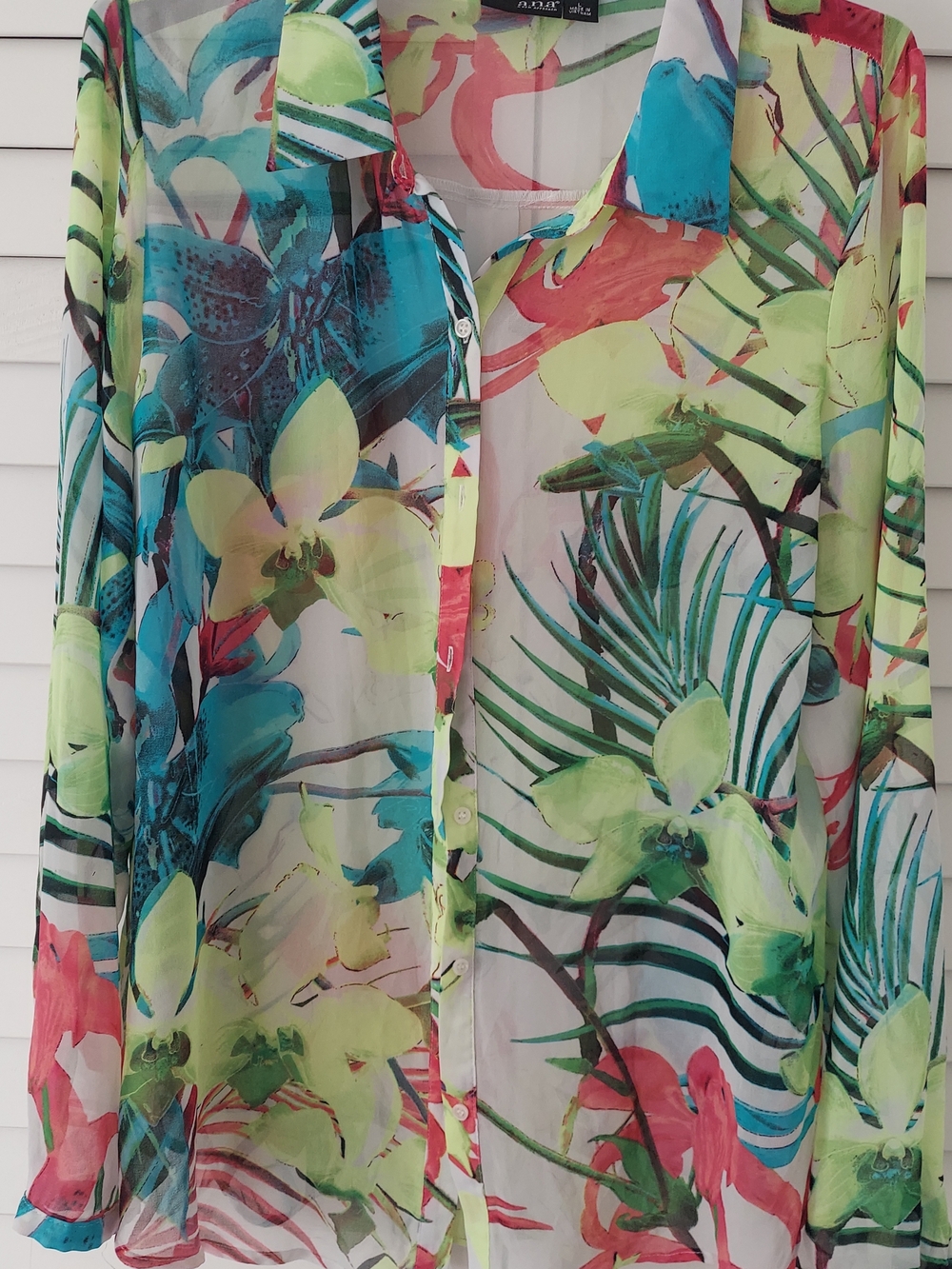 a.n.a Tropical Floral Sheer Button-Up Blouse in Green, Blue, Pink